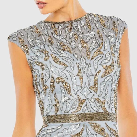 Mac Duggal 5532 Size 14 Blue Gold Beaded Sequined Column Gown Long Maxi Dress - Picture 5 of 6